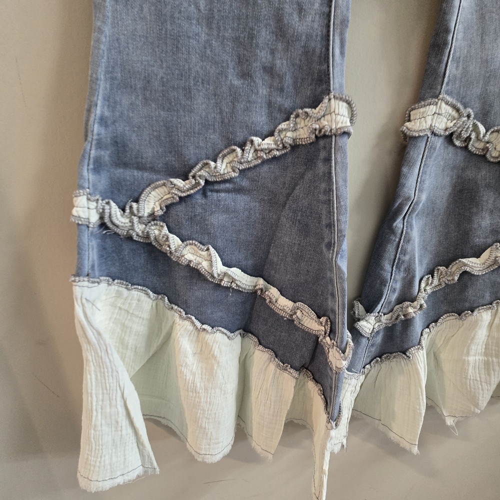 POL
Boho Ruffle Patchwork Flare Jeans High Rise Distressed Denim Bell Bottoms - Picture 3 of 8